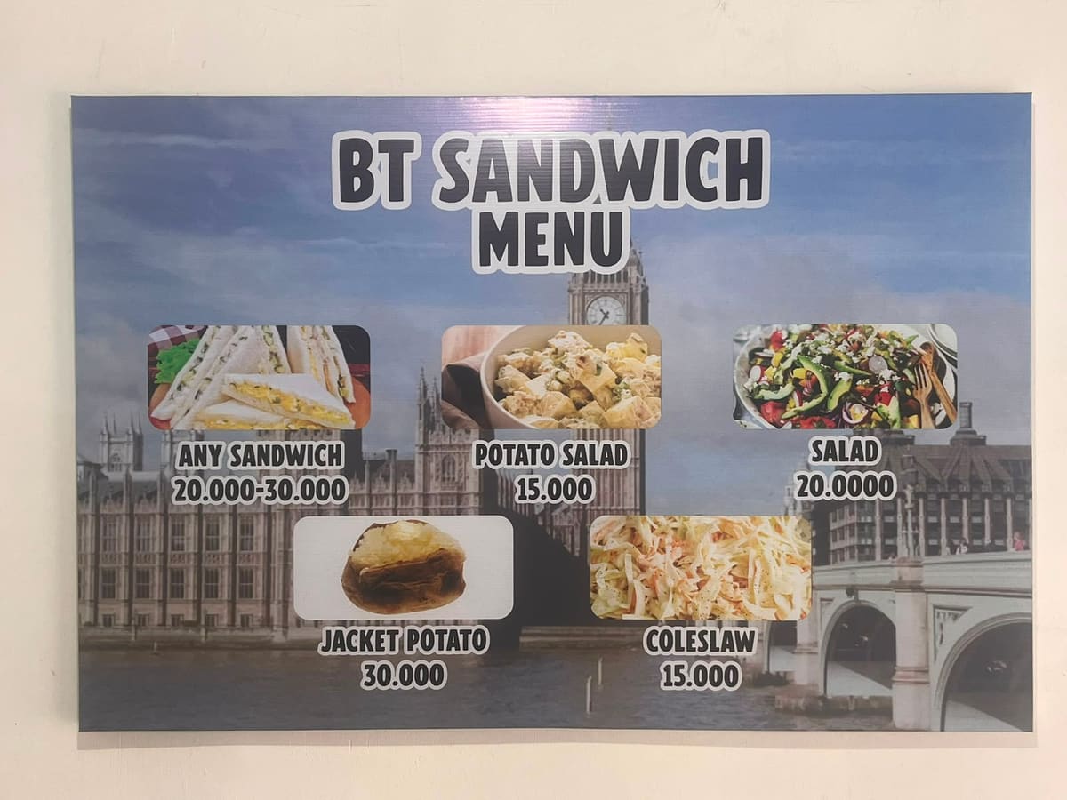 BT Sandwich price board with the Big Ben skyline backdrop